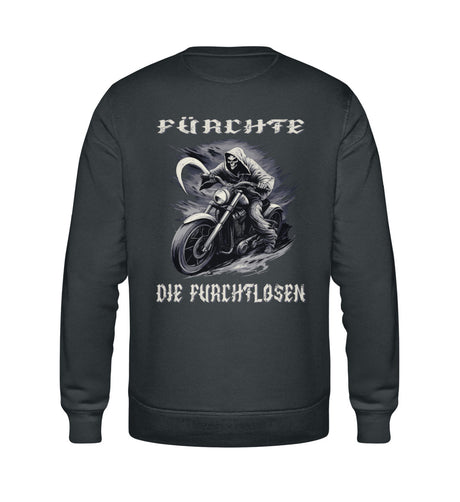 Ein Biker Sweatshirt für Motorradfahrer von Wingbikers mit dem Aufdruck, Sensemann - Fürchte die Furchtlosen, mit Back Print - in dunkelgrau.