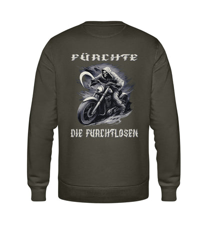 Ein Biker Sweatshirt für Motorradfahrer von Wingbikers mit dem Aufdruck, Sensemann - Fürchte die Furchtlosen, mit Back Print - in khaki grün.
