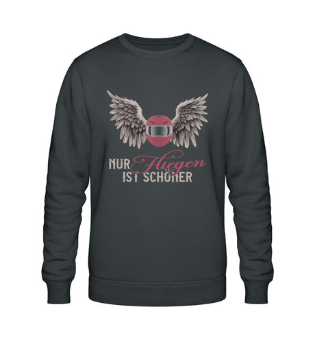 Ein Sweatshirt für Motorradfahrerinnen von Wingbikers mit dem Aufdruck, Nur fliegen ist schöner, in dunkelgrau.