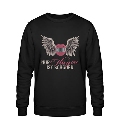 Ein Sweatshirt für Motorradfahrerinnen von Wingbikers mit dem Aufdruck, Nur fliegen ist schöner, in schwarz.