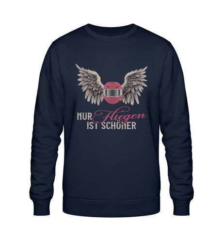 Ein Sweatshirt für Motorradfahrerinnen von Wingbikers mit dem Aufdruck, Nur fliegen ist schöner, in navy blau.