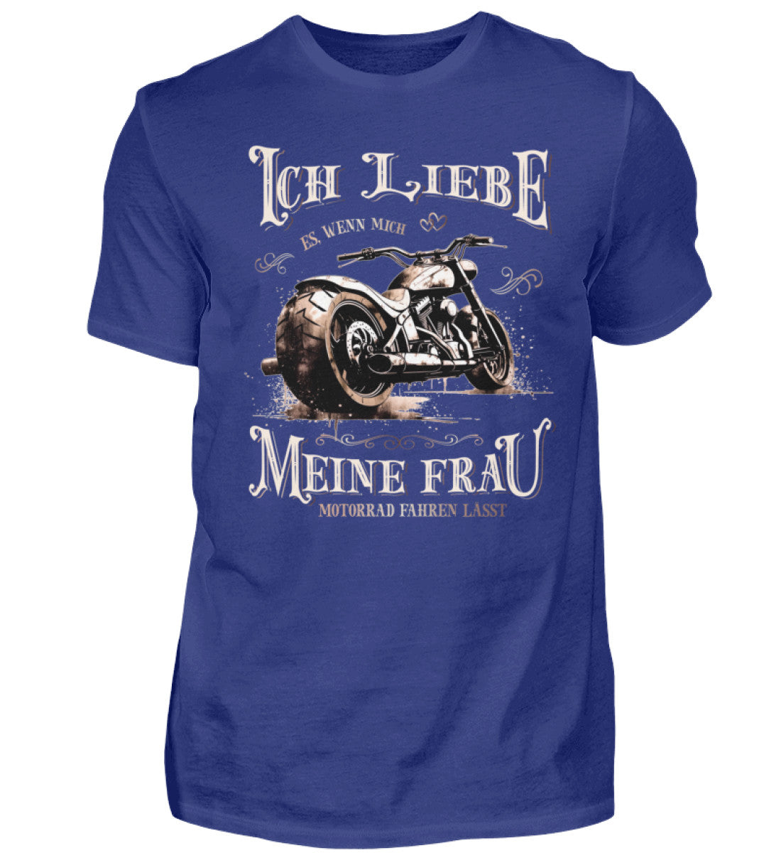 Ein Biker T-Shirt für Motorradfahrer von Wingbikers mit dem Aufdruck, Ich liebe meine Frau, wenn sie mich Motorrad fahren lässt! - in royal blau.