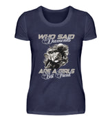 Ein Bikerin T-Shirt für Motorradfahrerinnen von Wingbikers mit dem Aufdruck, Who Said Diamonds Are A Girls Best Friend, in navy blau.