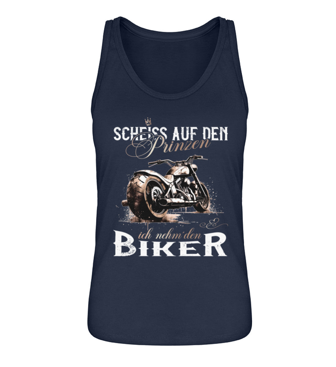 Ein Tanktop für Motorradfahrerinnen von Wingbikers mit dem Aufdruck, Scheiß auf den Prinzen, ich nehm' den Biker, in navy blau.