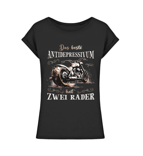 Ein T-Shirt für Motorradfahrerinnen von Wingbikers mit dem Aufdruck, Das beste Antidepressivum hat zwei Räder, leger geschnitten, in schwarz.