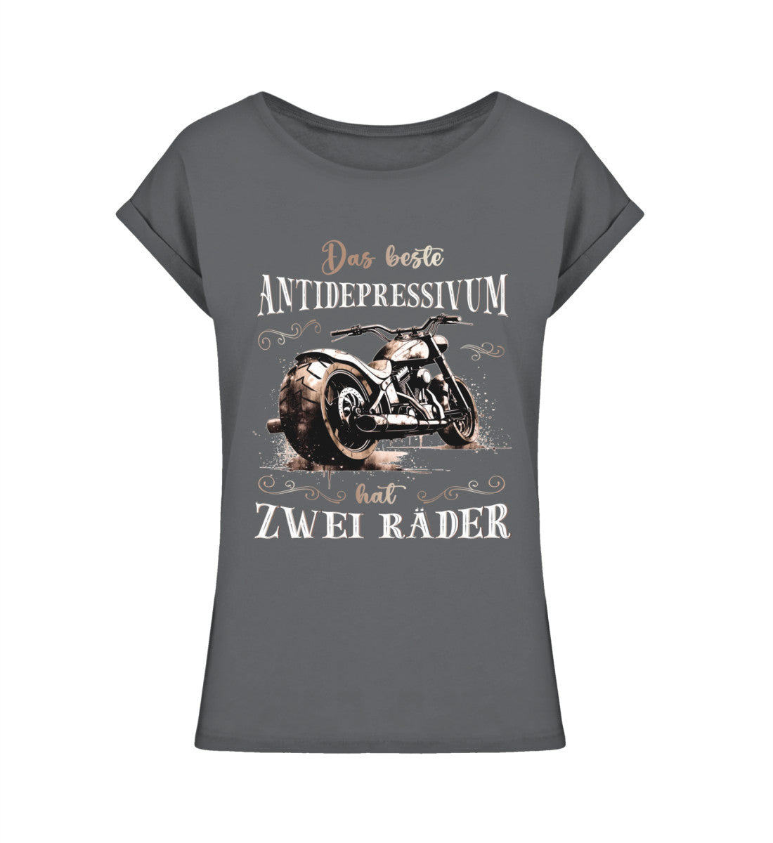 Ein T-Shirt für Motorradfahrerinnen von Wingbikers mit dem Aufdruck, Das beste Antidepressivum hat zwei Räder, leger geschnitten, in dunkelgrau.