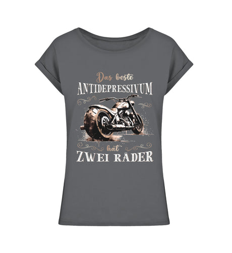 Ein T-Shirt für Motorradfahrerinnen von Wingbikers mit dem Aufdruck, Das beste Antidepressivum hat zwei Räder, leger geschnitten, in dunkelgrau.