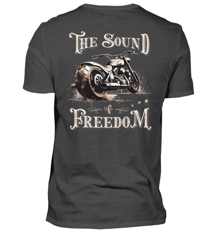 Ein Biker T-Shirt für Motorradfahrer von Wingbikers mit dem Aufdruck, The Sound of Freedom, als Back Print, in dunkelgrau.