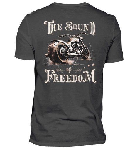 Ein Biker T-Shirt für Motorradfahrer von Wingbikers mit dem Aufdruck, The Sound of Freedom, als Back Print, in dunkelgrau.