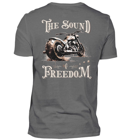 Ein Biker T-Shirt für Motorradfahrer von Wingbikers mit dem Aufdruck, The Sound of Freedom, als Back Print, in grau.