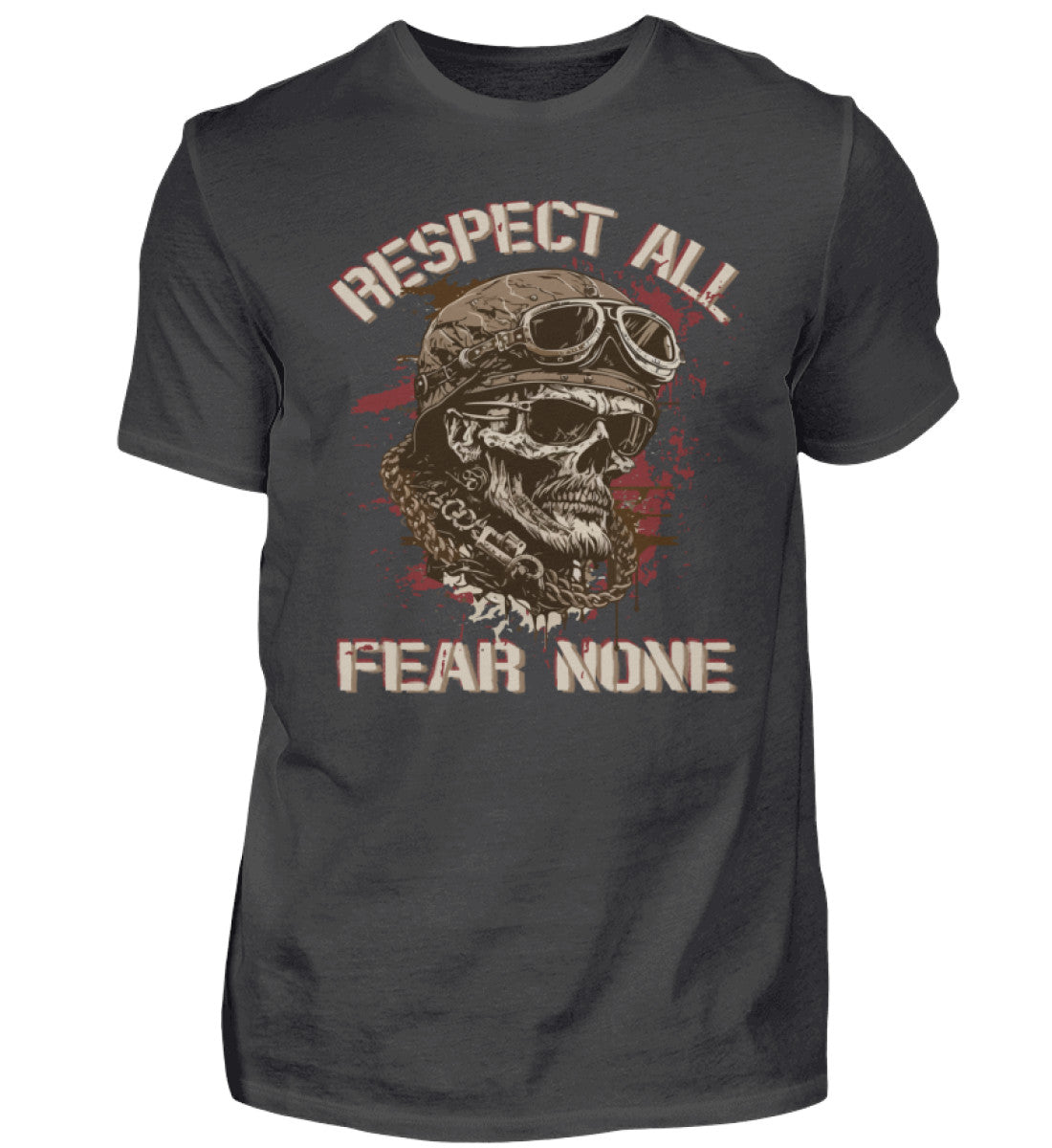 Ein Biker T-Shirt für Motorradfahrer von Wingbikers mit dem Aufdruck, Respect All - Fear None, in dunkelgrau.