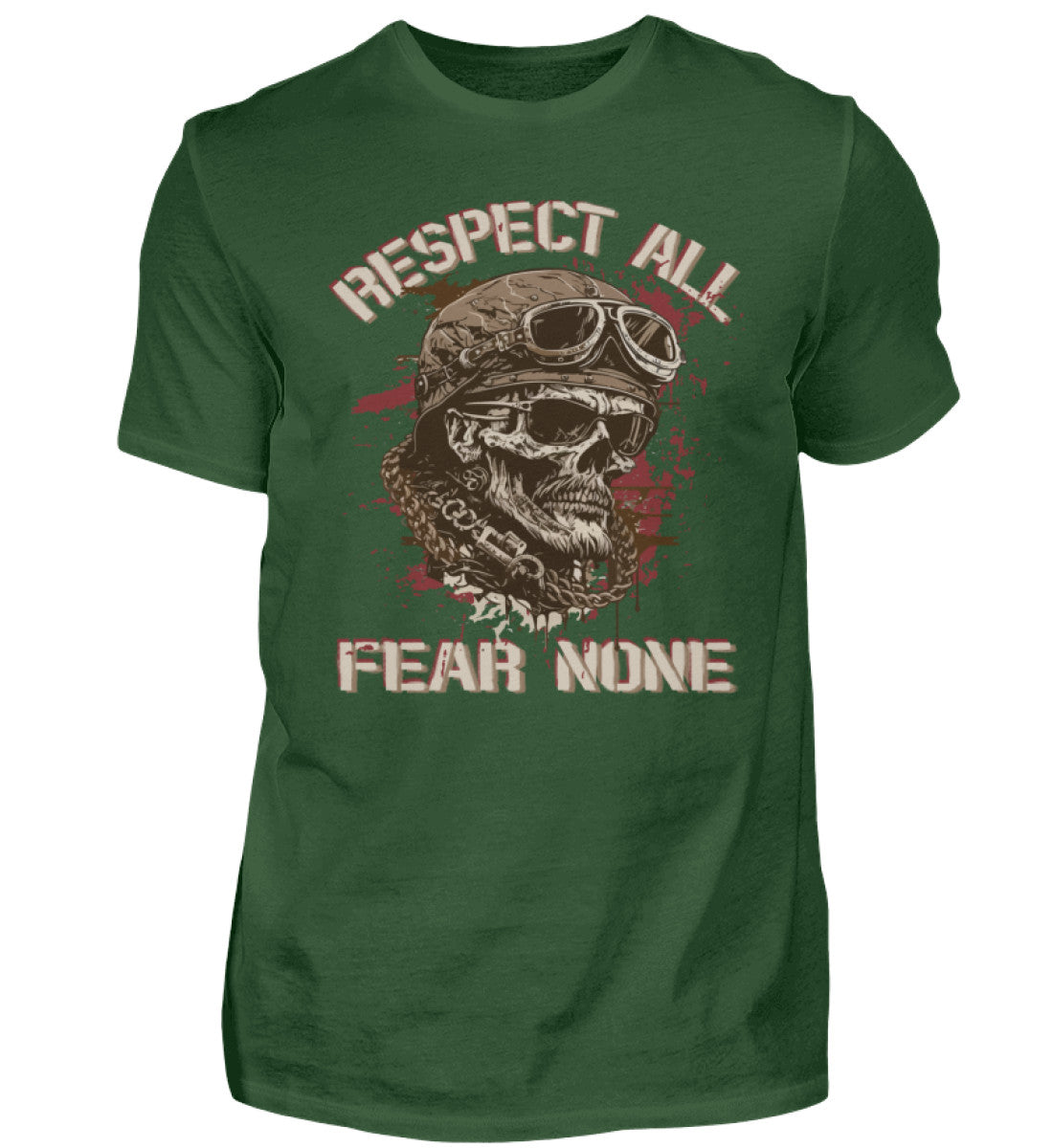 Ein Biker T-Shirt für Motorradfahrer von Wingbikers mit dem Aufdruck, Respect All - Fear None, in dunkelgrün.