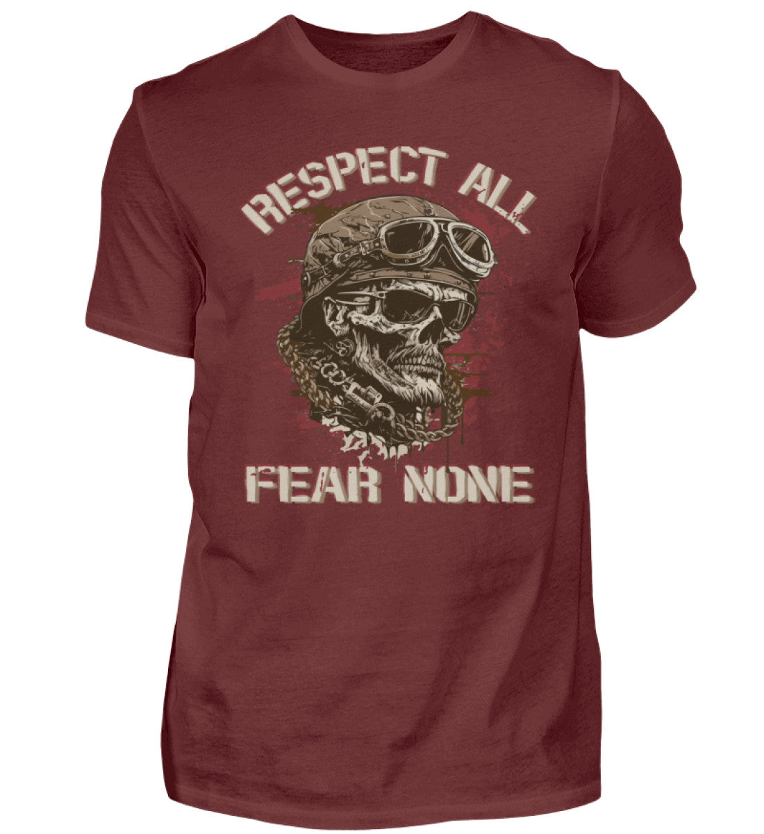Ein Biker T-Shirt für Motorradfahrer von Wingbikers mit dem Aufdruck, Respect All - Fear None, in weinrot.