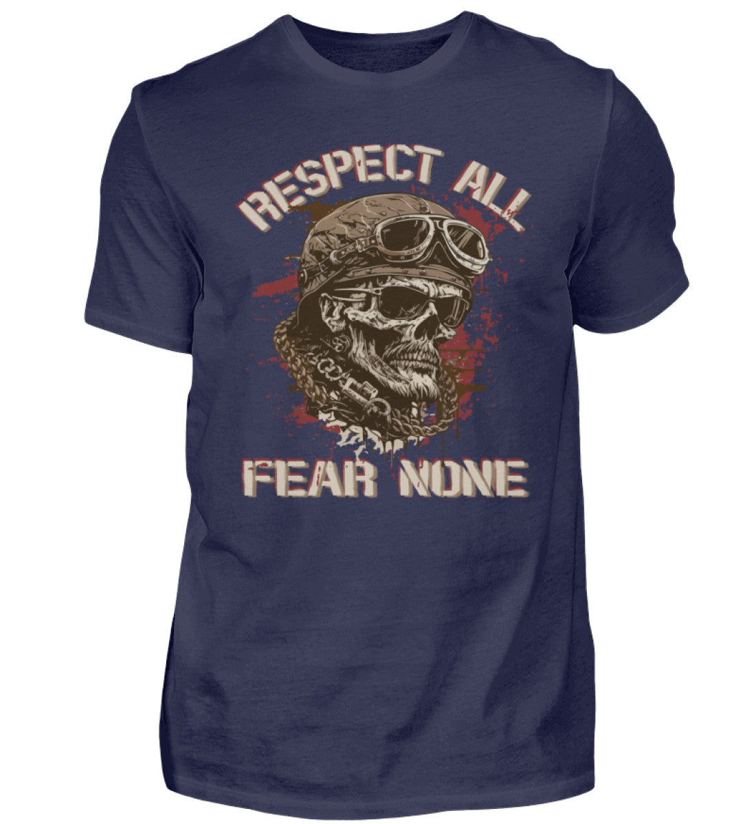 Ein Biker T-Shirt für Motorradfahrer von Wingbikers mit dem Aufdruck, Respect All - Fear None, in navy blau.
