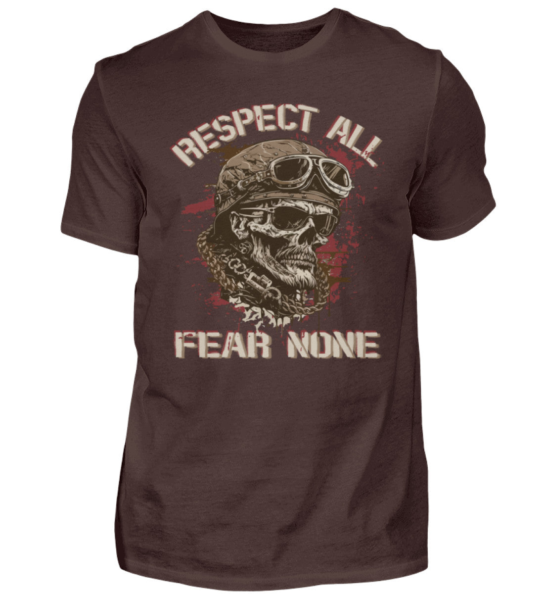 Ein Biker T-Shirt für Motorradfahrer von Wingbikers mit dem Aufdruck, Respect All - Fear None, in braun.