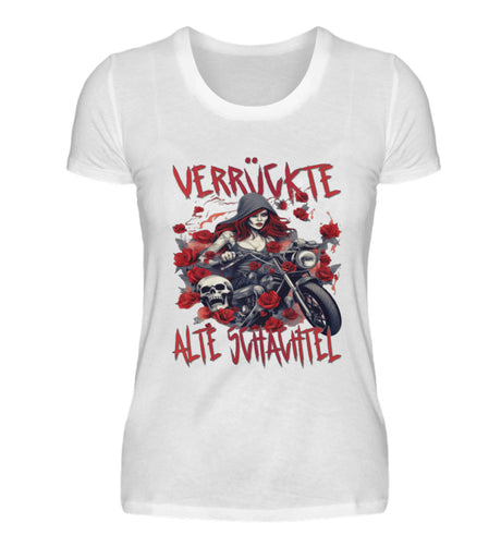 Ein T-Shirt für Motorradfahrerinnen von Wingbikers mit dem Aufdruck, Verrückte alte Schachtel, in weiß.