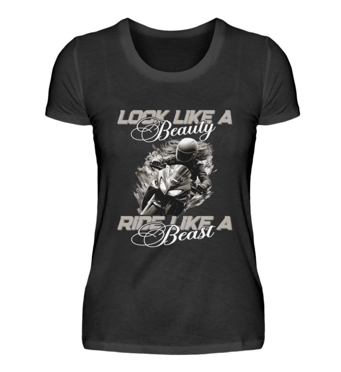 Ein Damen T-Shirt für Motorradfahrerinnen von Wingbikers mit dem Aufdruck, Look like a Beauty - Ride like a Beast, in schwarz.