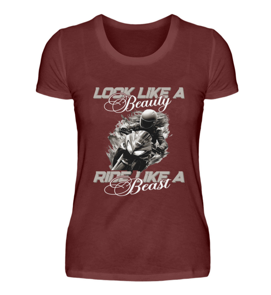 Ein Damen T-Shirt für Motorradfahrerinnen von Wingbikers mit dem Aufdruck, Look like a Beauty - Ride like a Beast, in weinrot.