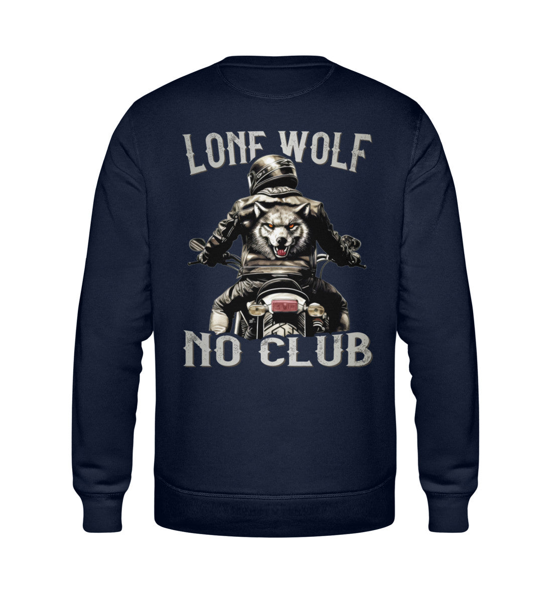 Ein Biker Sweatshirt für Motorradfahrer von Wingbikers mit dem Aufdruck, Lone Wolf - No Club, als Back Print, in navy blau.