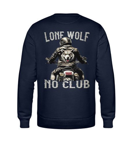 Ein Biker Sweatshirt für Motorradfahrer von Wingbikers mit dem Aufdruck, Lone Wolf - No Club, als Back Print, in navy blau.