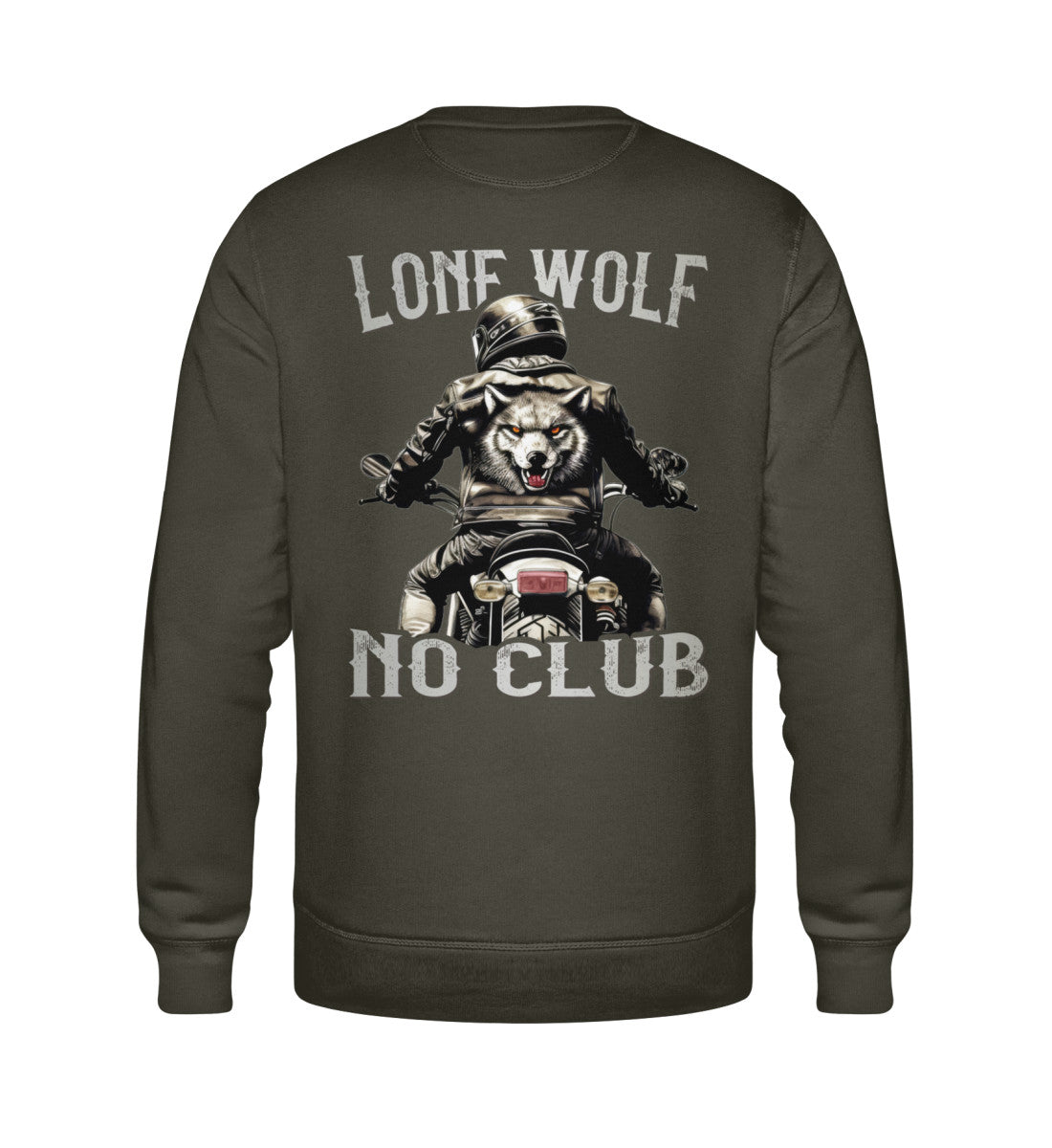 Ein Biker Sweatshirt für Motorradfahrer von Wingbikers mit dem Aufdruck, Lone Wolf - No Club, als Back Print, in khaki grün.
