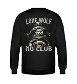 Ein Biker Sweatshirt für Motorradfahrer von Wingbikers mit dem Aufdruck, Lone Wolf - No Club, als Back Print, in schwarz.