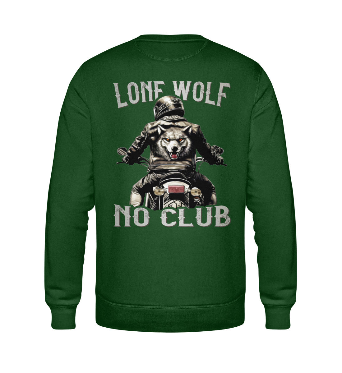 Ein Biker Sweatshirt für Motorradfahrer von Wingbikers mit dem Aufdruck, Lone Wolf - No Club, als Back Print, in dunkelgrün.