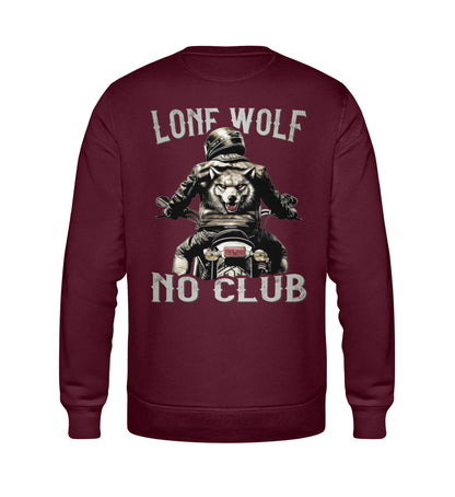 Ein Biker Sweatshirt für Motorradfahrer von Wingbikers mit dem Aufdruck, Lone Wolf - No Club, als Back Print, in burgunder weinrot.