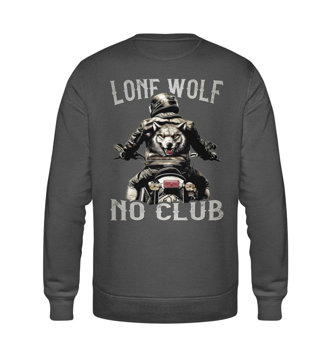 Ein Biker Sweatshirt für Motorradfahrer von Wingbikers mit dem Aufdruck, Lone Wolf - No Club, als Back Print, in dunkelgrau.