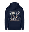 Eine Reißverschluss-Jacke für motorradfahrende Väter von Wingbikers mit dem Aufdruck, Biker Papa, wie ein normaler Papa, nur viel cooler, in navy blau.