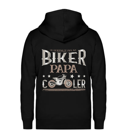 Eine Reißverschluss-Jacke für motorradfahrende Väter von Wingbikers mit dem Aufdruck, Biker Papa, wie ein normaler Papa, nur viel cooler, in schwarz.