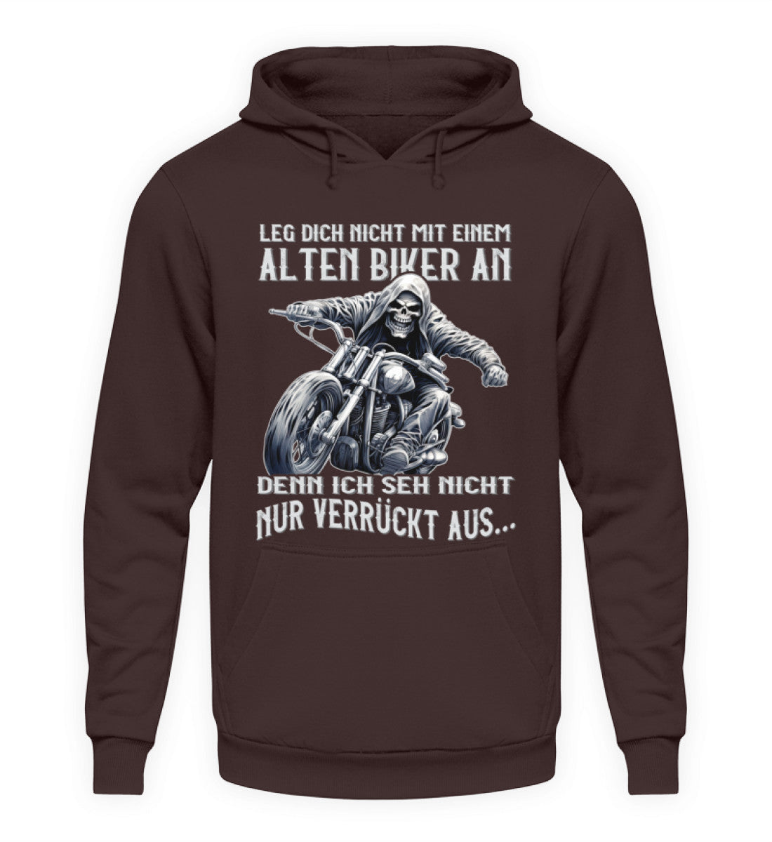 Ein Biker Hoodie für Motorradfahrer von Wingbikers mit dem Aufdruck, Leg dich nicht mit einem alten Biker an, denn ich seh nicht nur verrückt aus, in braun.