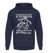 Ein Biker Hoodie für Motorradfahrer von Wingbikers mit dem Aufdruck, Leg dich nicht mit einem alten Biker an, denn ich seh nicht nur verrückt aus, in navy blau.