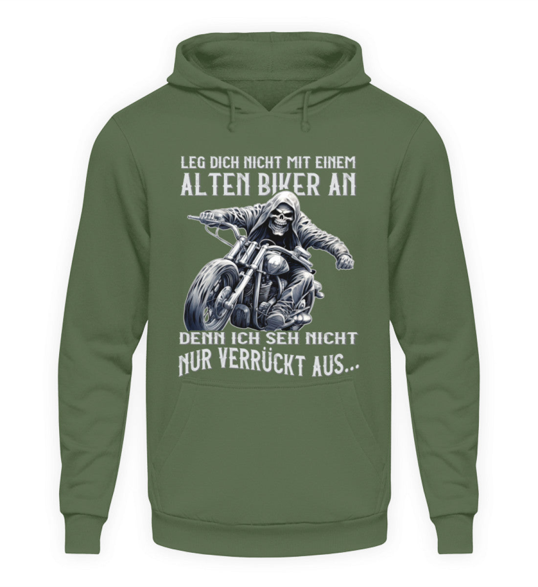 Ein Biker Hoodie für Motorradfahrer von Wingbikers mit dem Aufdruck, Leg dich nicht mit einem alten Biker an, denn ich seh nicht nur verrückt aus, in erdgrün.