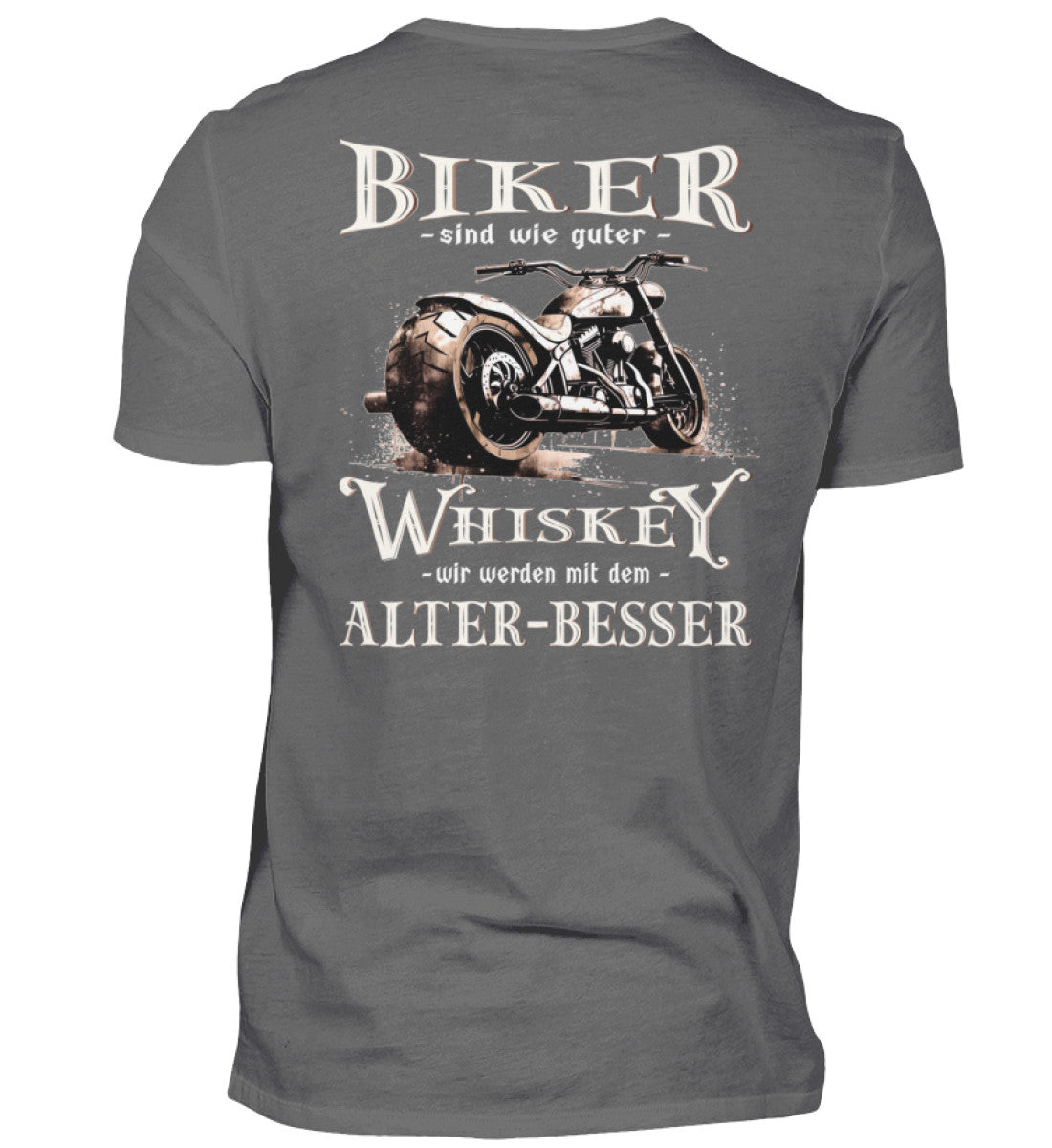 Biker T-Shirt mit einem vintage Aufdruck, Biker sind wie gute Whiskey - wir werden mit dem Alter besser mit Back Print in dunkelgrau. 