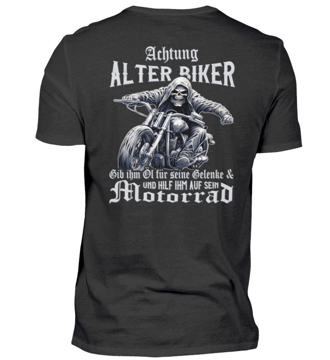 Ein Biker T-Shirt für Motorradfahrer von Wingbikers mit dem Aufdruck, Achtung alter Biker - Gib ihm Öl und hilf ihm auf sein Motorrad, als Back Print - in schwarz.