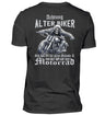 Ein Biker T-Shirt für Motorradfahrer von Wingbikers mit dem Aufdruck, Achtung alter Biker - Gib ihm Öl und hilf ihm auf sein Motorrad, als Back Print - in schwarz.