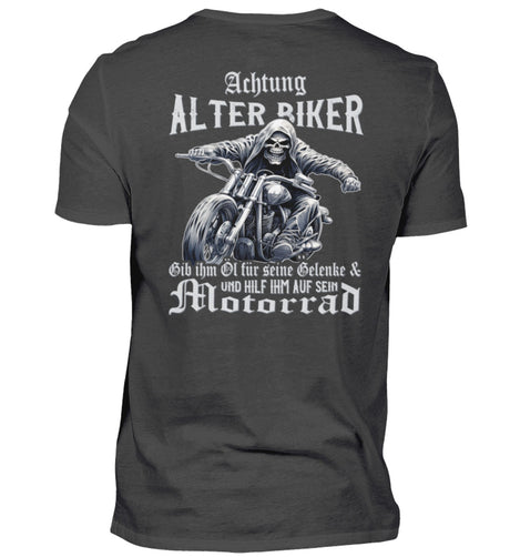 Ein Biker T-Shirt für Motorradfahrer von Wingbikers mit dem Aufdruck, Achtung alter Biker - Gib ihm Öl und hilf ihm auf sein Motorrad, als Back Print - in dunkelgrau.