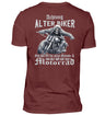 Ein Biker T-Shirt für Motorradfahrer von Wingbikers mit dem Aufdruck, Achtung alter Biker - Gib ihm Öl und hilf ihm auf sein Motorrad, als Back Print - in weinrot.