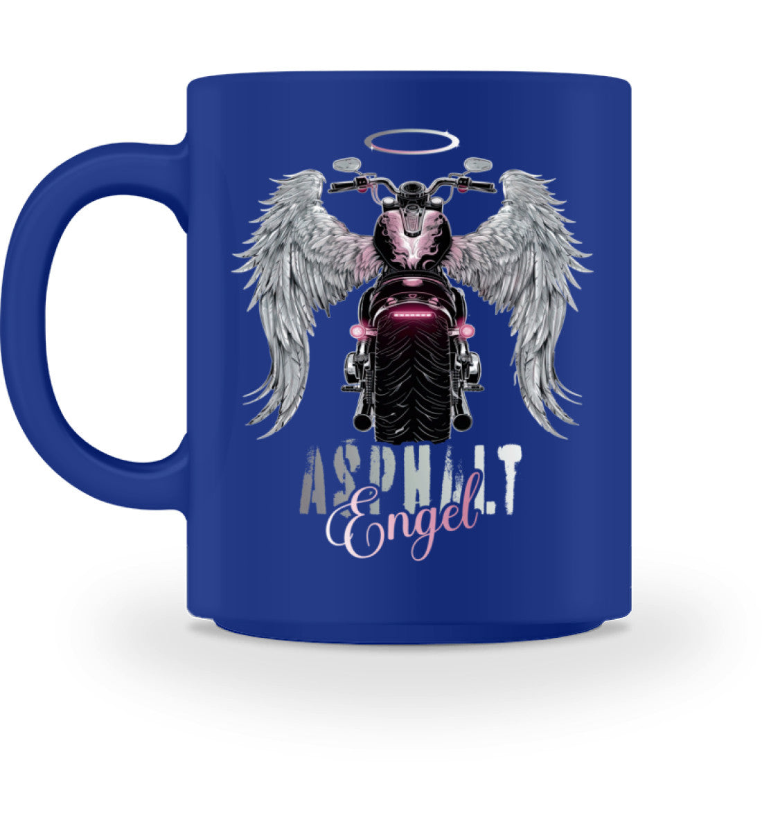 Eine Tasse für Motorradfahrerinnen von Wingbikers, mit dem beidseitigen Aufdruck, Asphalt Engel, in blau.