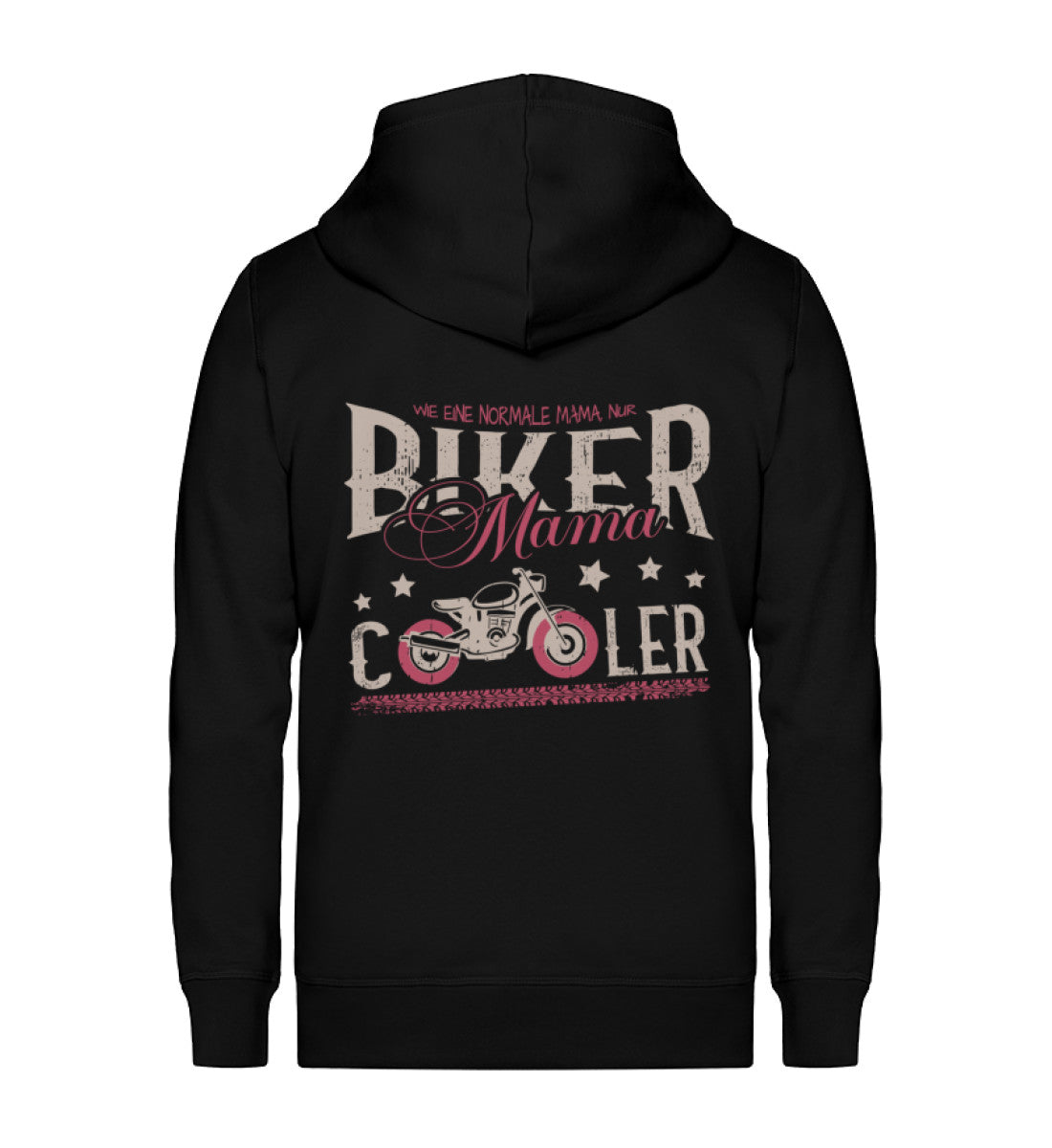 Eine Reißverschluss-Jacke für Motorradfahrende Mütter von Wingbikers mit dem Aufdruck, Biker Mama - wie eine normale Mama, nur cooler - in schwarz.