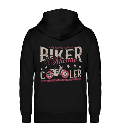 Eine Reißverschluss-Jacke für Motorradfahrende Mütter von Wingbikers mit dem Aufdruck, Biker Mama - wie eine normale Mama, nur cooler - in schwarz.