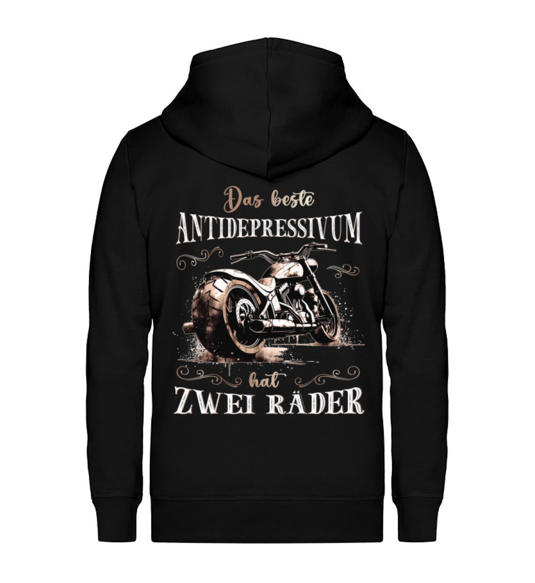 Eine Reißverschluss-Jacke für Motorradfahrer von Wingbikers mit dem Aufdruck, Das beste Antidepressivum hat zwei Räder, in schwarz.