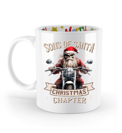 Eine weihnachtliche Tasse für Motorradfahrer von Wingbikers, mit dem beidseitigen Aufdruck, Sons of Santa - Christmas Chapter, in weiß. .