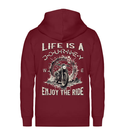 Eine Reißverschluss-Jacke für Motorradfahrer von Wingbikers mit dem Aufdruck, Life Is A Journey - Enjoy The Ride, in burgunder weinrot.