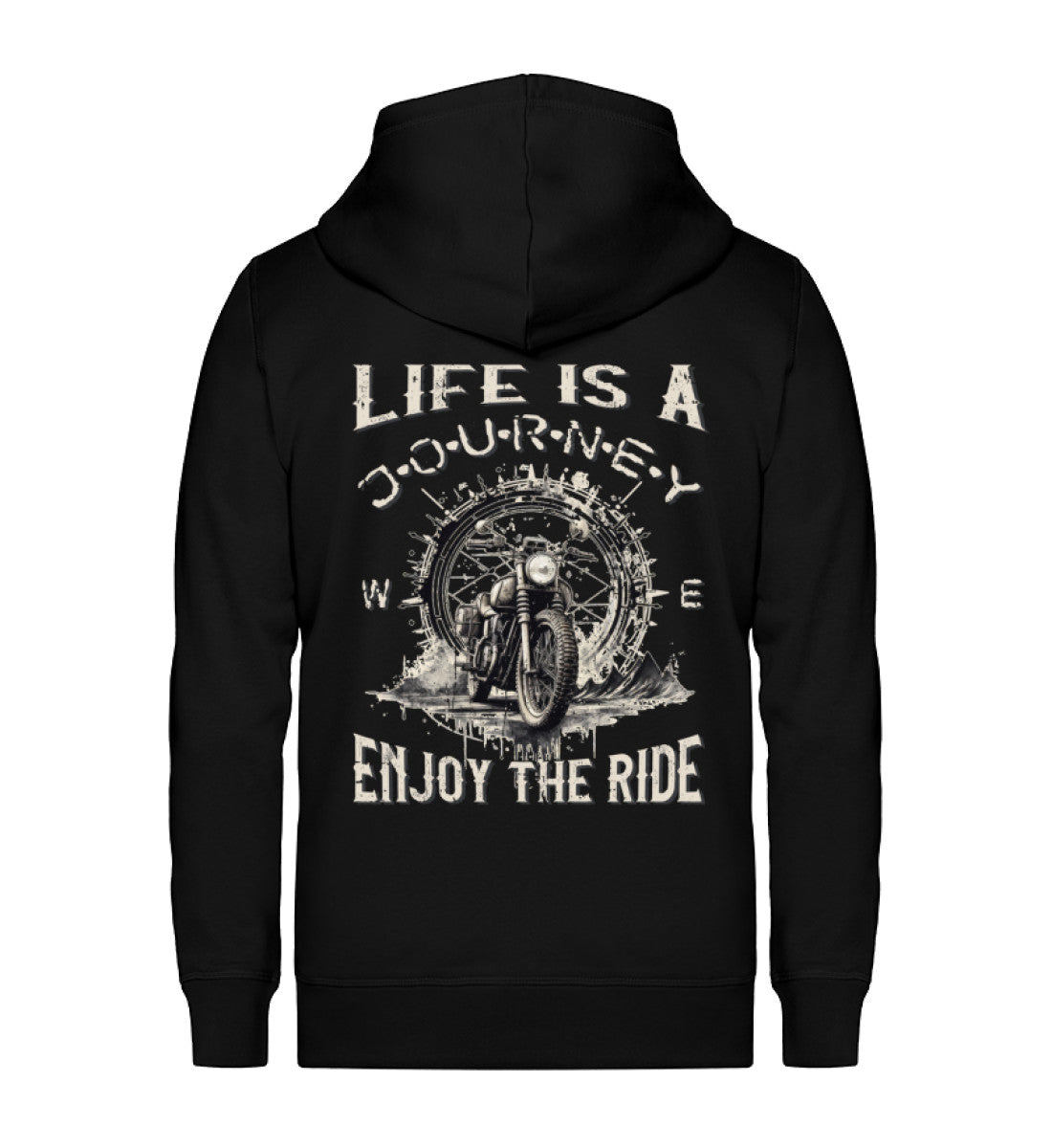 Eine Reißverschluss-Jacke für Motorradfahrer von Wingbikers mit dem Aufdruck, Life Is A Journey - Enjoy The Ride, in schwarz.
