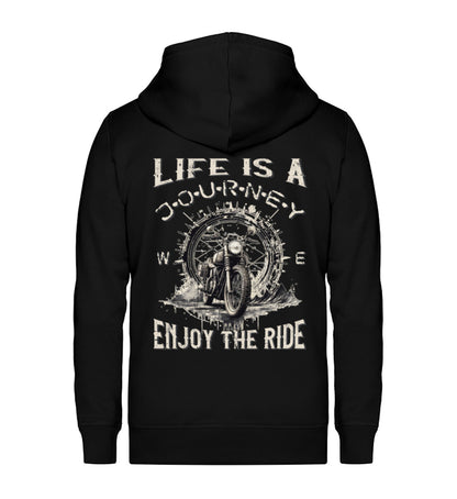 Eine Reißverschluss-Jacke für Motorradfahrer von Wingbikers mit dem Aufdruck, Life Is A Journey - Enjoy The Ride, in schwarz.