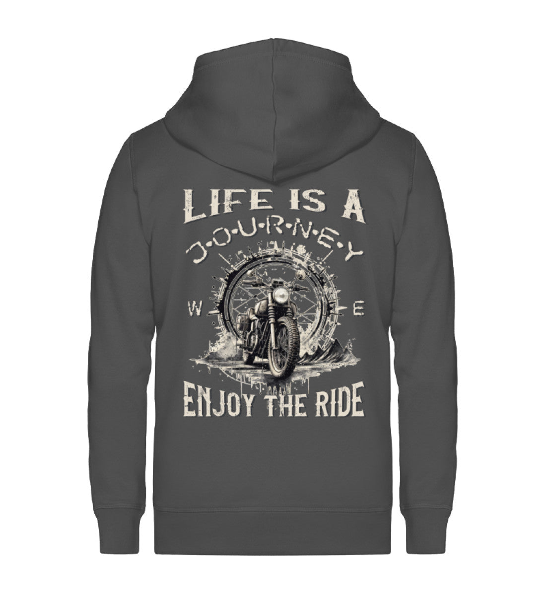 Eine Reißverschluss-Jacke für Motorradfahrer von Wingbikers mit dem Aufdruck, Life Is A Journey - Enjoy The Ride, in dunkelgrau.