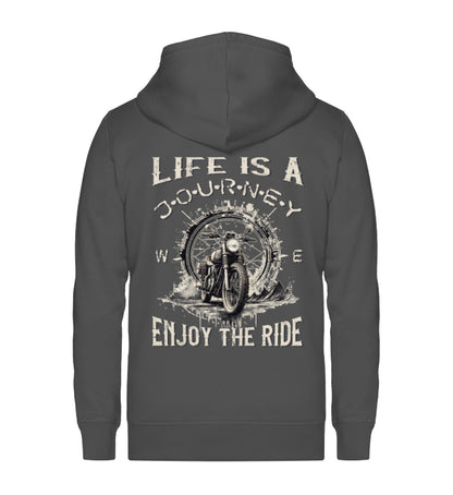 Eine Reißverschluss-Jacke für Motorradfahrer von Wingbikers mit dem Aufdruck, Life Is A Journey - Enjoy The Ride, in dunkelgrau.