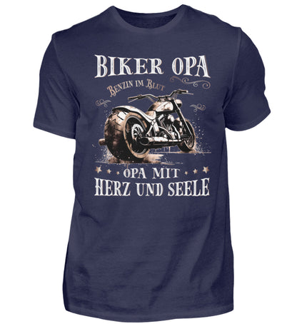 Ein Biker T-Shirt für Motorradfahrer von Wingbikers mit dem Aufdruck, Biker Opa - Benzin im Blut - Opa mit Herz und Seele, in navy blau.